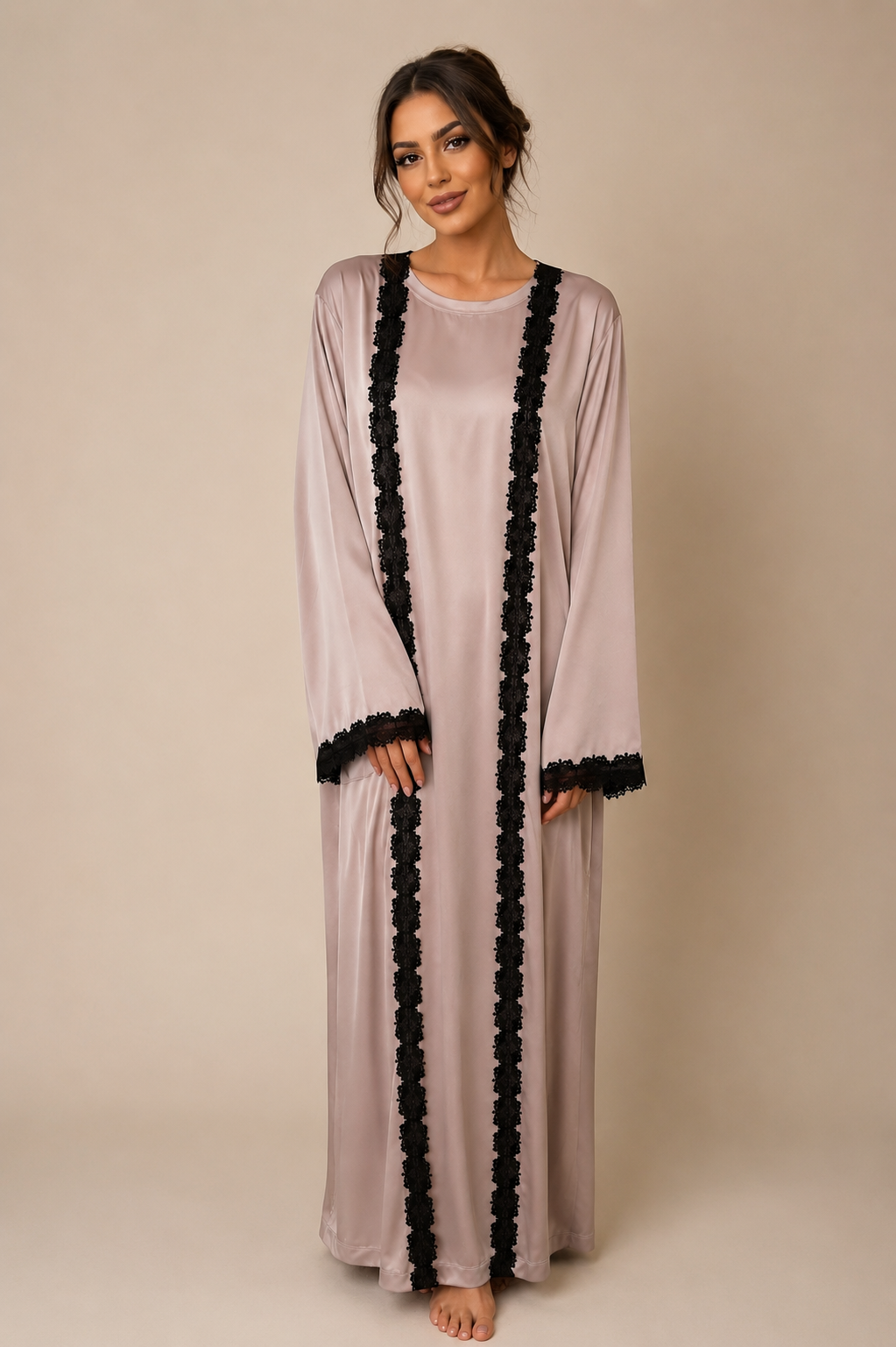 Lace‑Trim Silk Satin Abaya – One‑of‑a‑Kind Sample