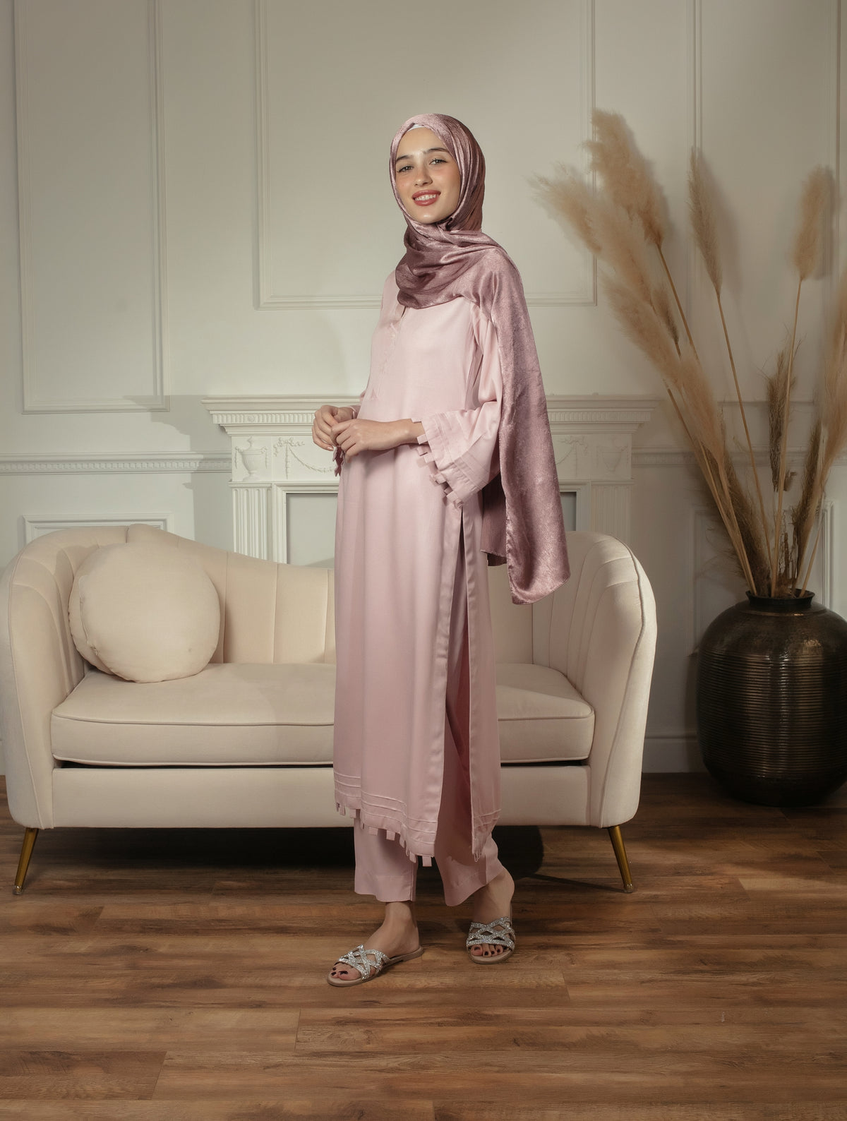 Rosie Kurta Set – Blush Pink Marina Fabric | Elegant Modest Tunic & Trouser Ensemble